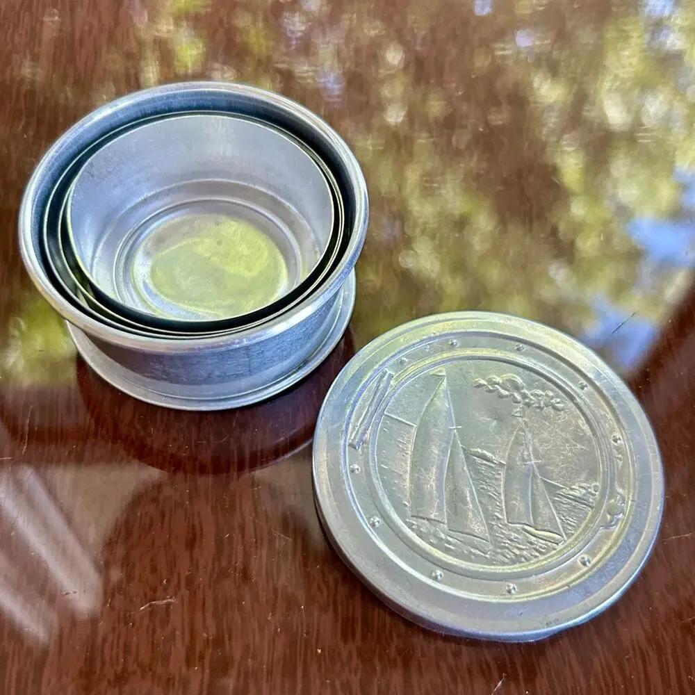 Vintage Aluminum Collapsible Travel Cup – Sailboat Lid – 3” Tall